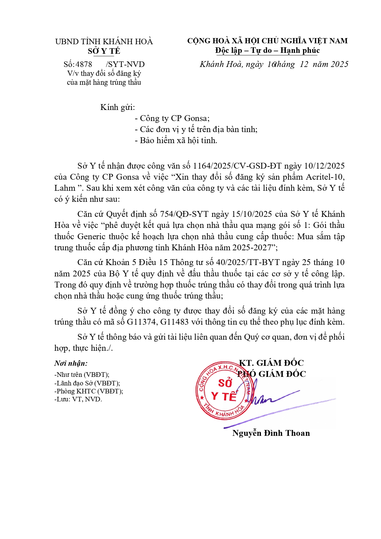 V/v thay đổi số đăng ký của mặt hàng trúng thầu